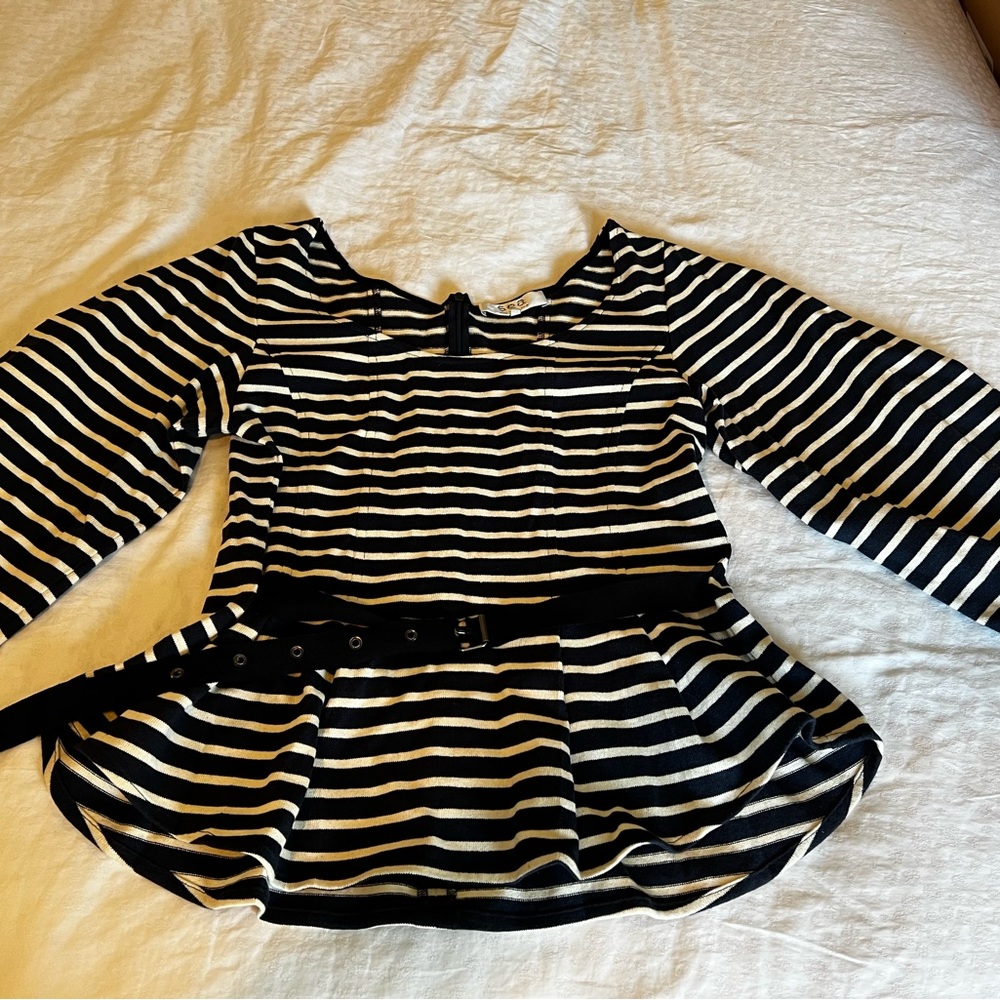 Sea New York striped cotton blouse with built in belt and peplum.